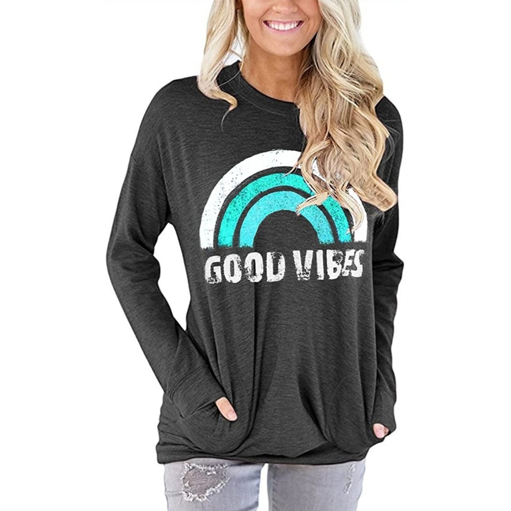 Grey "Good Vibes" Women's Casual Loose Fitting Long Sleeve T Shirt, (NEW)